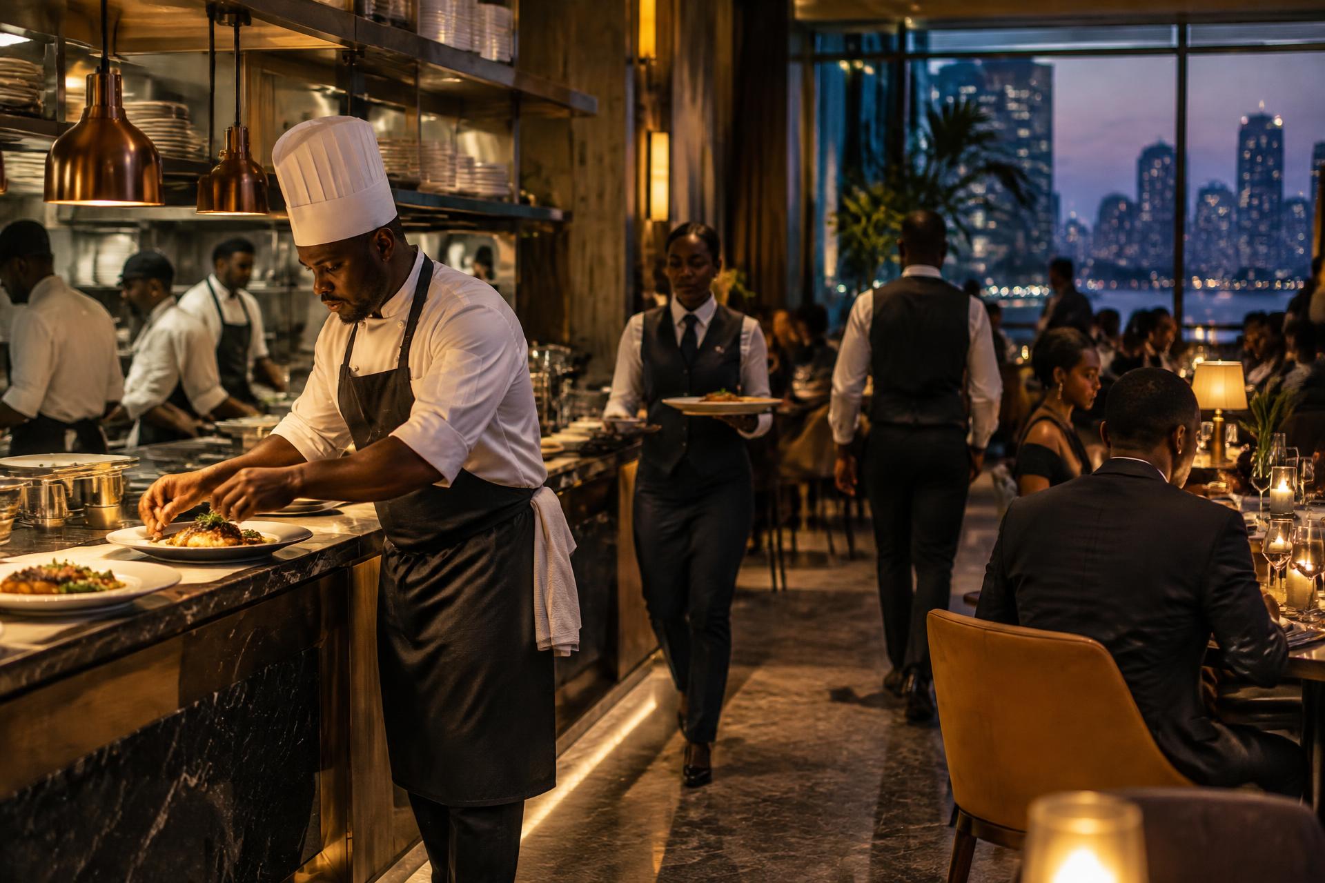 A Nigerian hospitality team working through evening restaurant service